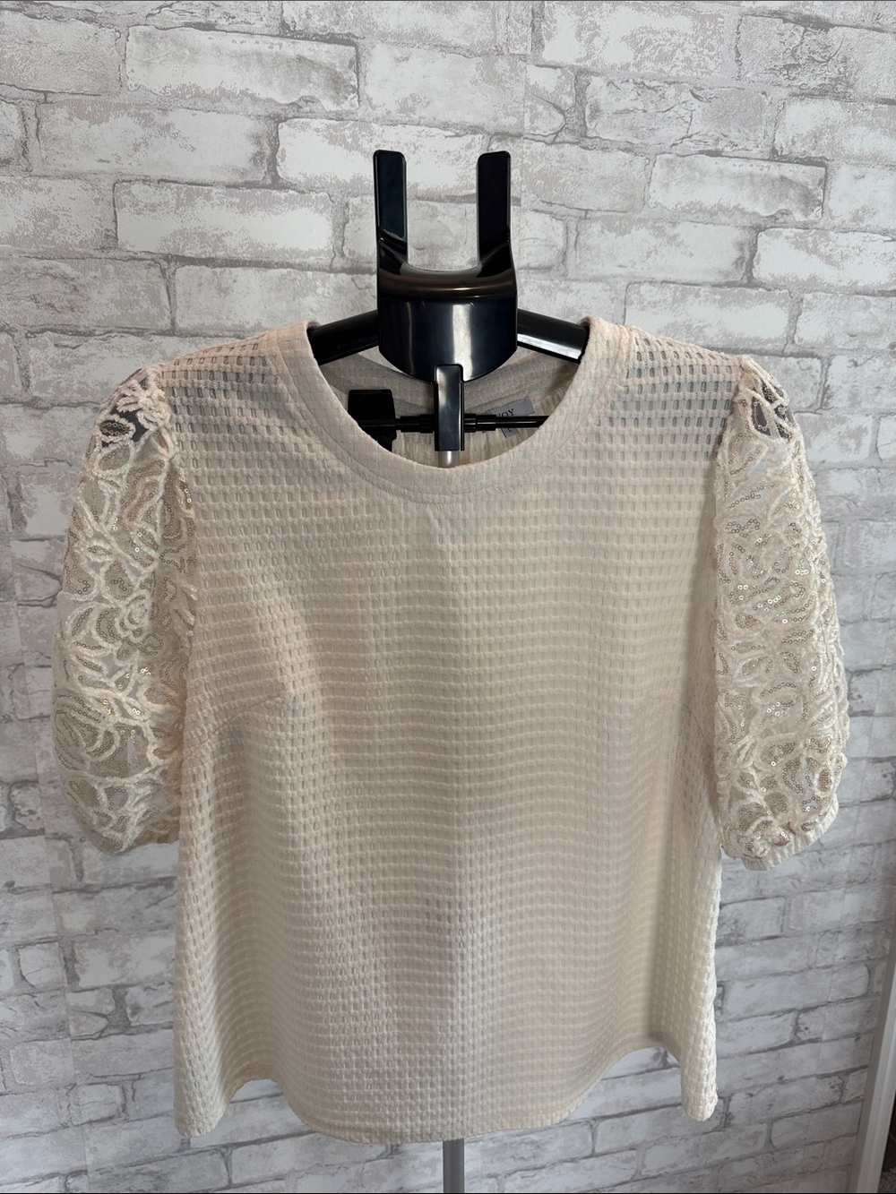 Cream Waffle Knit Top with Sequin Puff Sleeves | Boutique Style Blouse